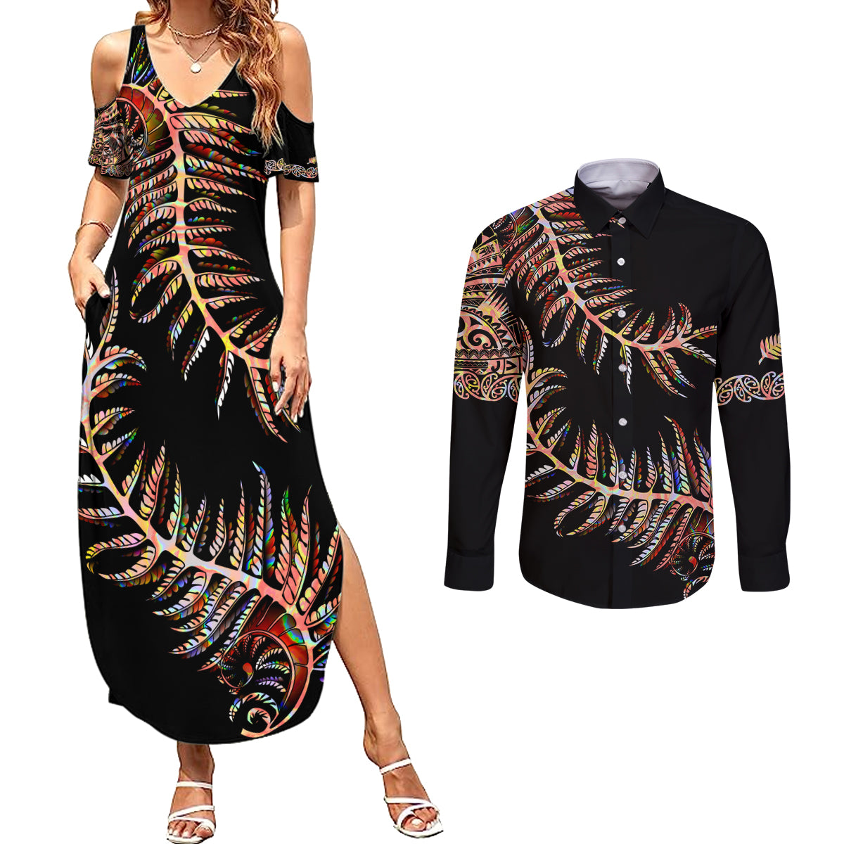 New Zealand Couples Matching Summer Maxi Dress and Long Sleeve Button Shirt Aotearoa Silver Fern Mixed Papua Shell Red Vibe LT9 Red - Polynesian Pride