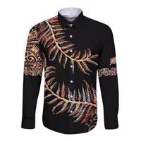 New Zealand Long Sleeve Button Shirt Aotearoa Silver Fern Mixed Papua Shell Red Vibe LT9 Unisex Red - Polynesian Pride