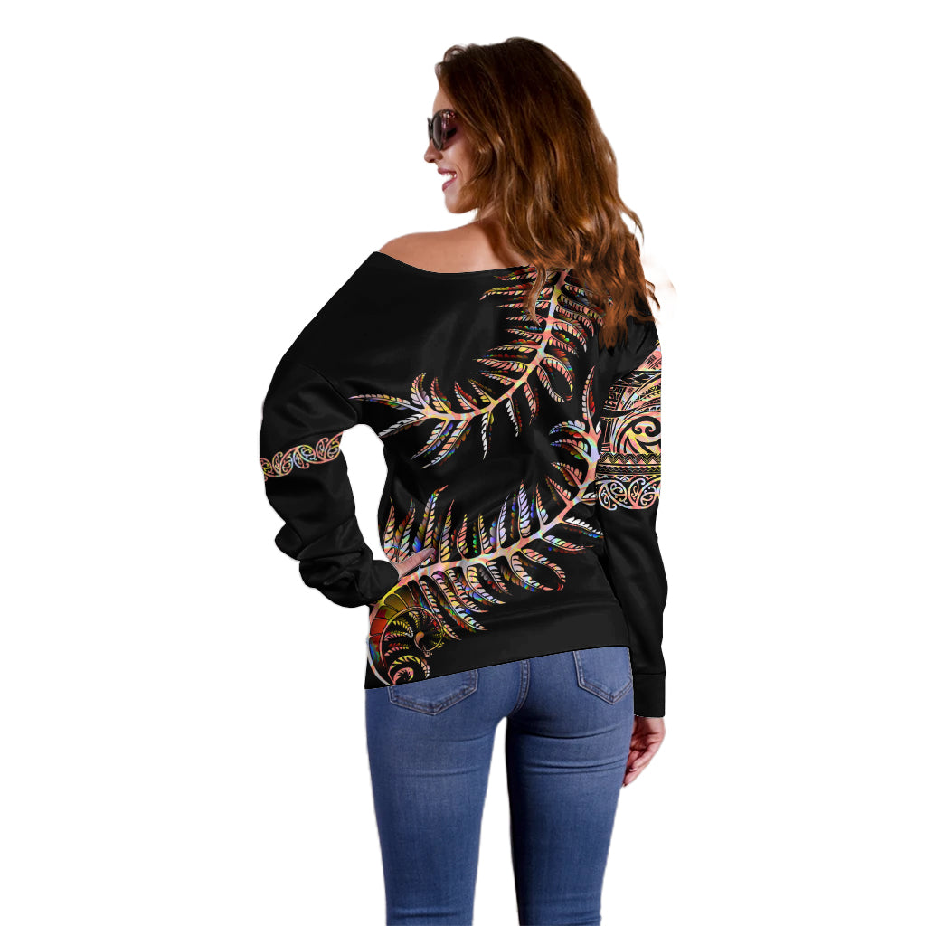 New Zealand Off Shoulder Sweater Aotearoa Silver Fern Mixed Papua Shell Red Vibe LT9 - Polynesian Pride