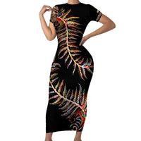 New Zealand Short Sleeve Bodycon Dress Aotearoa Silver Fern Mixed Papua Shell Red Vibe LT9 Long Dress Red - Polynesian Pride