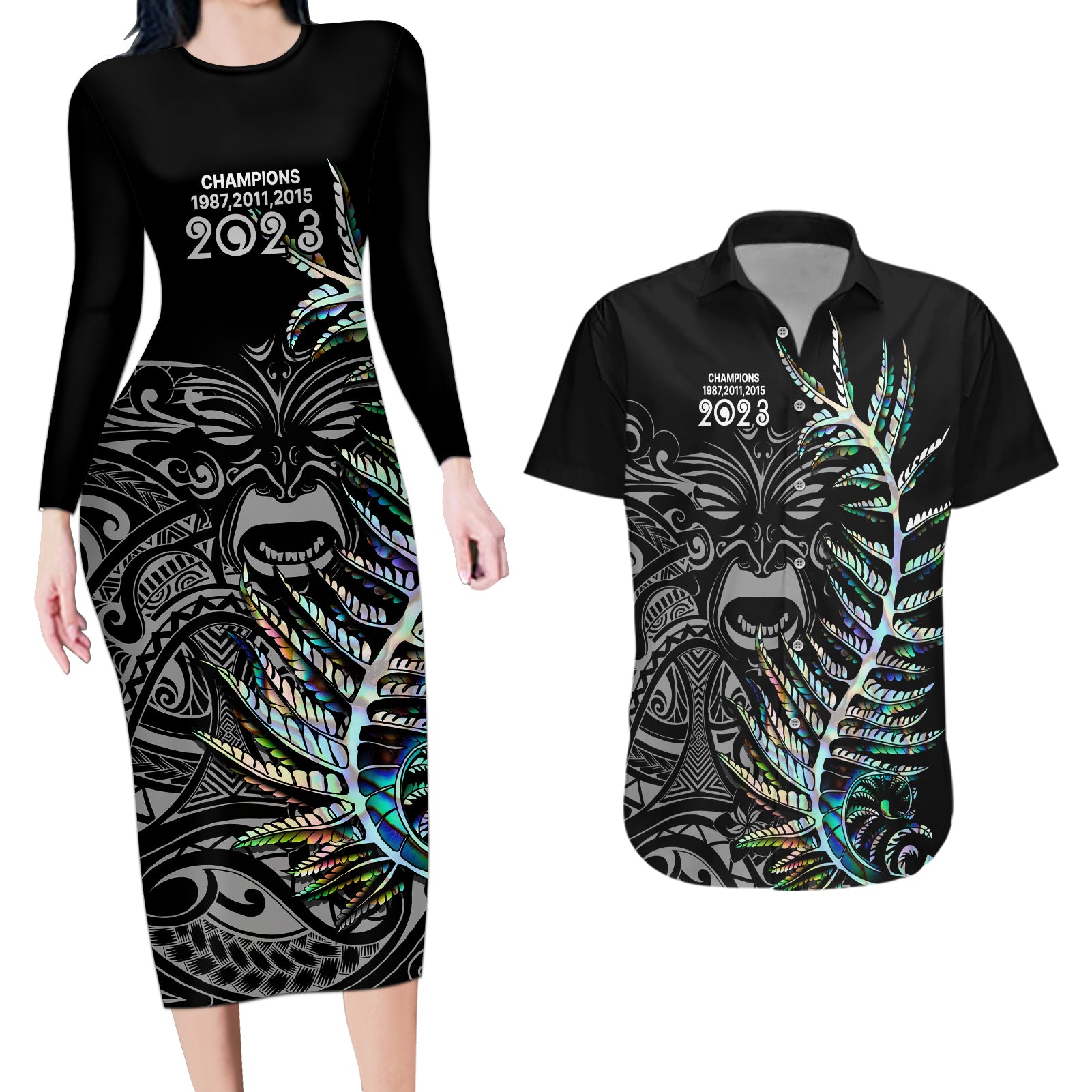 New Zealand Rugby Couples Matching Long Sleeve Bodycon Dress and Hawaiian Shirt NZ Black Fern Champions History With Papua Shell LT9 Black - Polynesian Pride