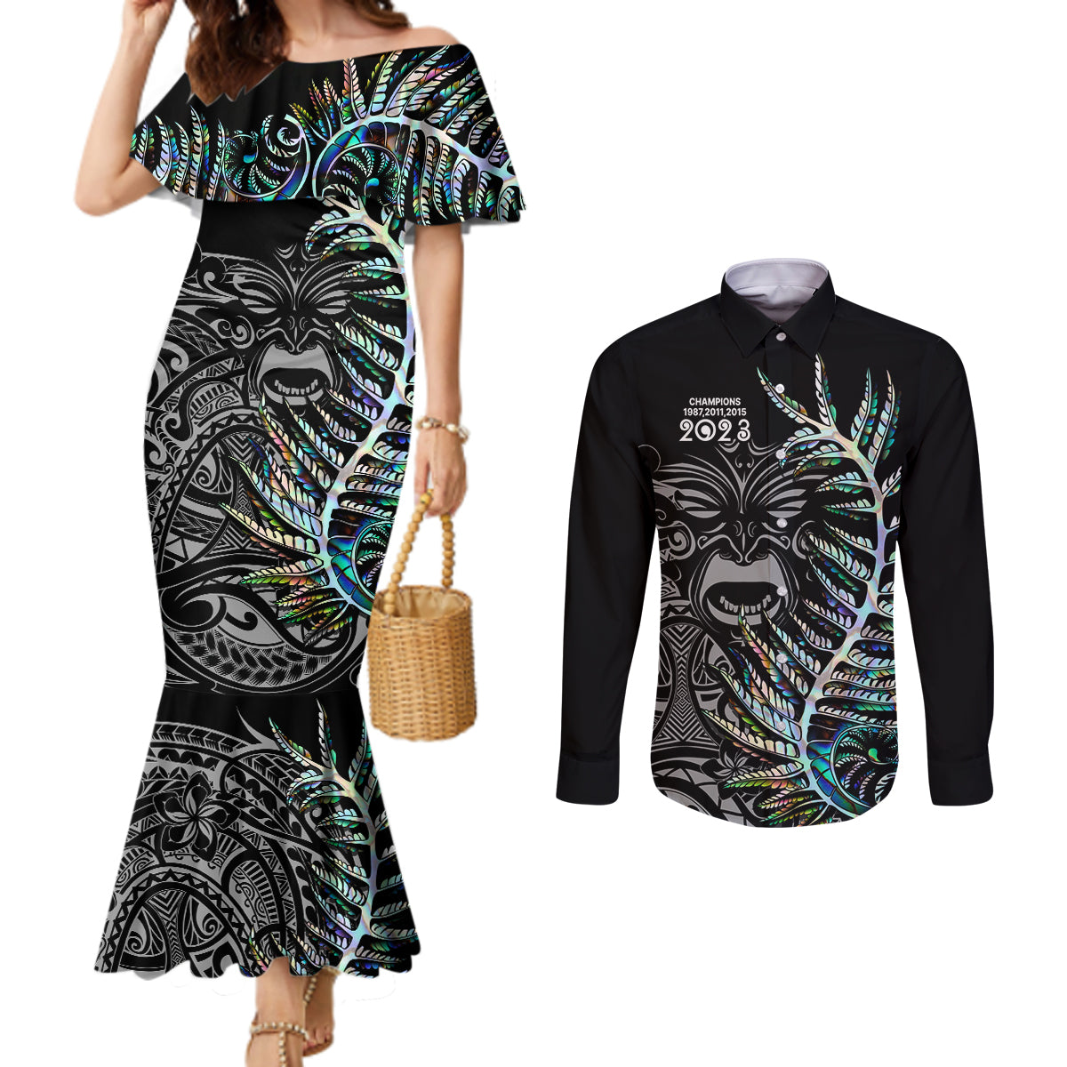 New Zealand Rugby Couples Matching Mermaid Dress and Long Sleeve Button Shirt NZ Black Fern Champions History With Papua Shell LT9 Black - Polynesian Pride