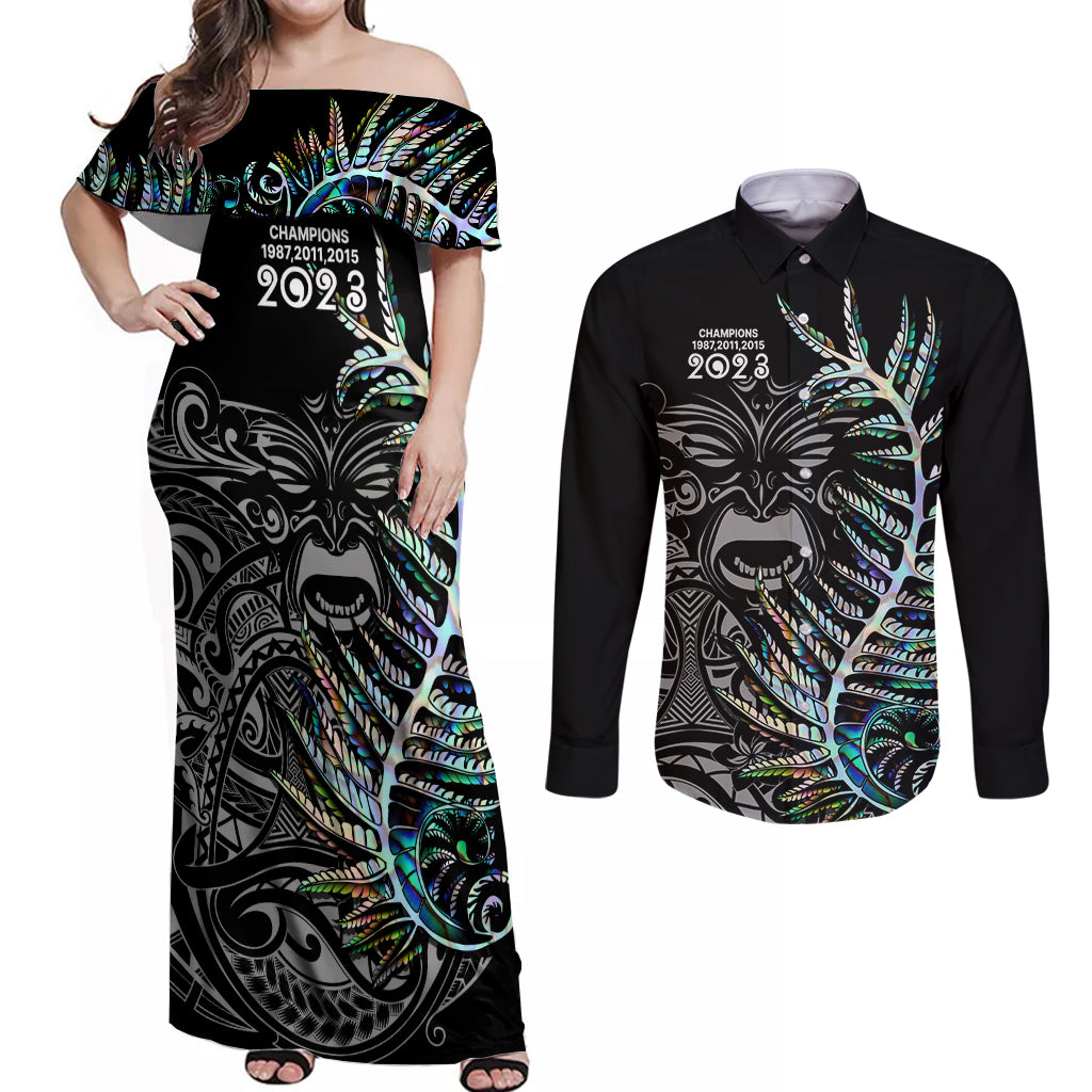 New Zealand Rugby Couples Matching Off Shoulder Maxi Dress and Long Sleeve Button Shirt NZ Black Fern Champions History With Papua Shell LT9 Black - Polynesian Pride