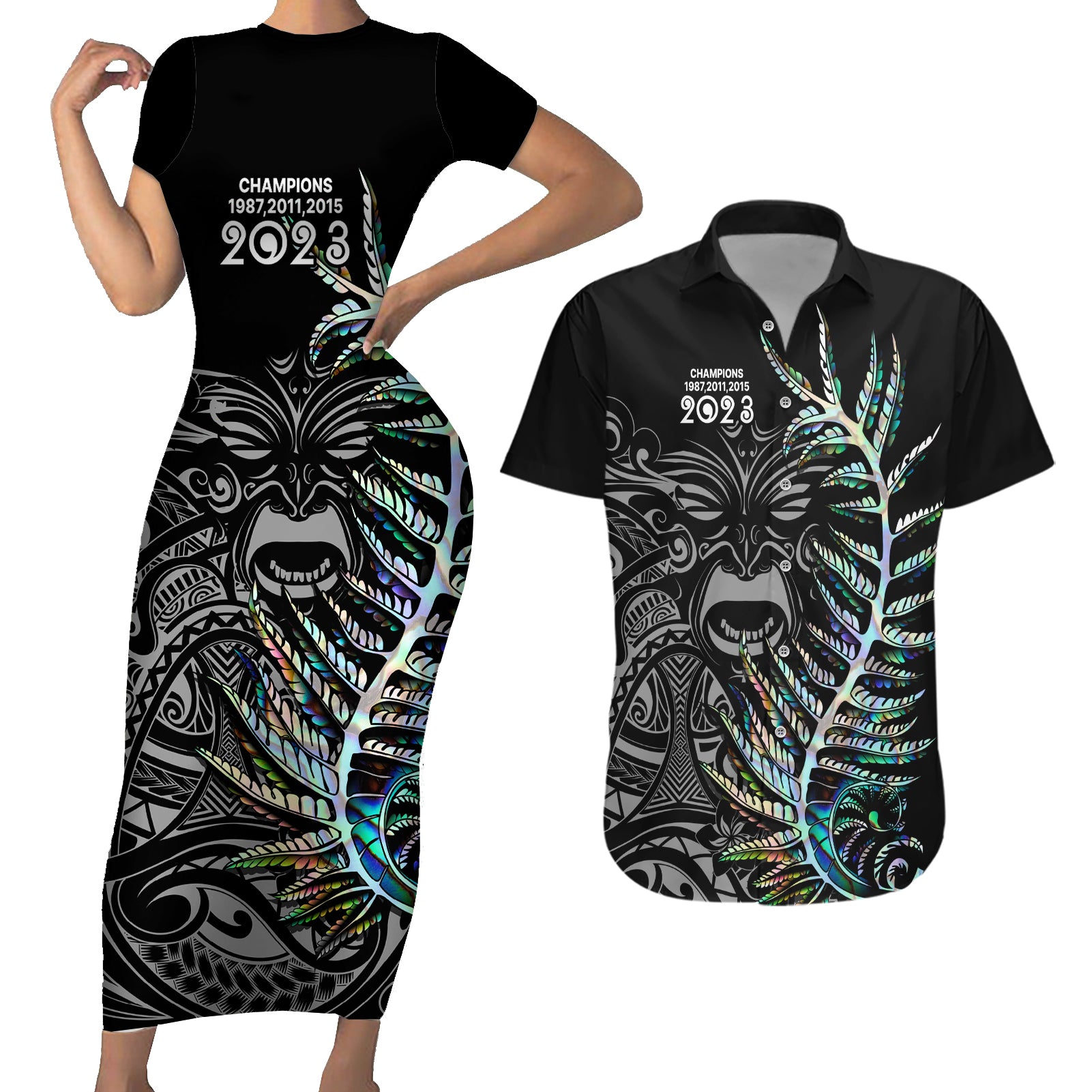 New Zealand Rugby Couples Matching Short Sleeve Bodycon Dress and Hawaiian Shirt NZ Black Fern Champions History With Papua Shell LT9 Black - Polynesian Pride