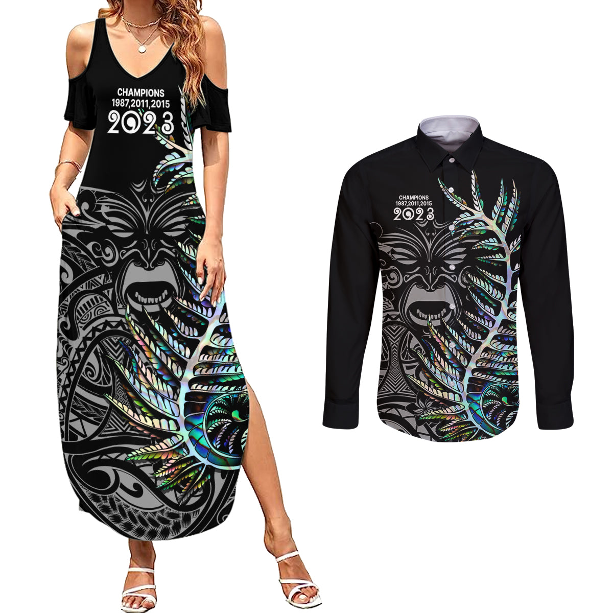 New Zealand Rugby Couples Matching Summer Maxi Dress and Long Sleeve Button Shirt NZ Black Fern Champions History With Papua Shell LT9 Black - Polynesian Pride