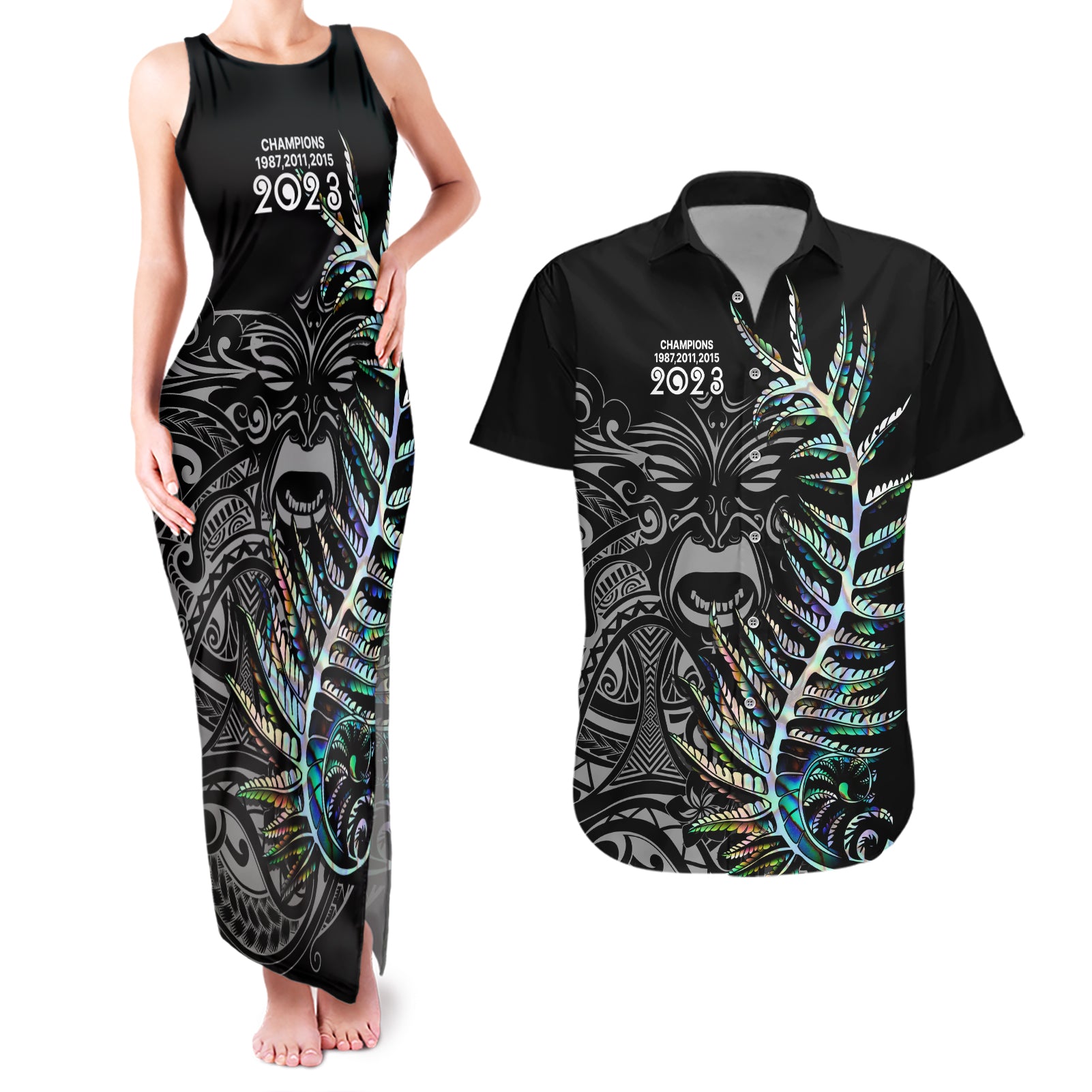 New Zealand Rugby Couples Matching Tank Maxi Dress and Hawaiian Shirt NZ Black Fern Champions History With Papua Shell LT9 Black - Polynesian Pride