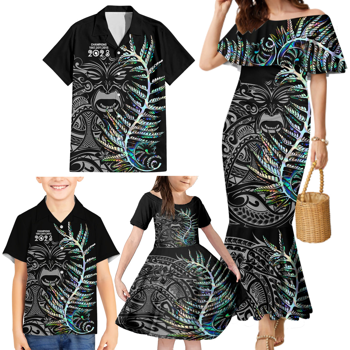 New Zealand Rugby Family Matching Mermaid Dress and Hawaiian Shirt NZ Black Fern Champions History With Papua Shell LT9 - Polynesian Pride