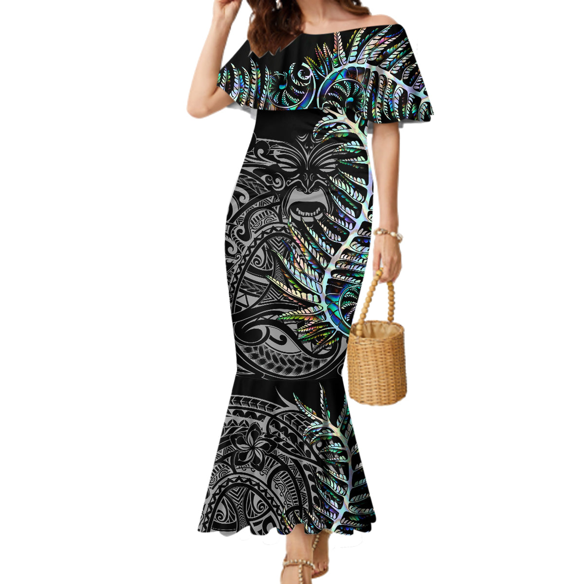 New Zealand Rugby Family Matching Mermaid Dress and Hawaiian Shirt NZ Black Fern Champions History With Papua Shell LT9 Mom's Dress Black - Polynesian Pride