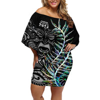 New Zealand Rugby Family Matching Off Shoulder Short Dress and Hawaiian Shirt NZ Black Fern Champions History With Papua Shell LT9 Mom's Dress Black - Polynesian Pride