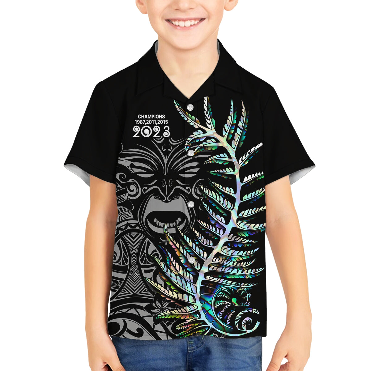 New Zealand Rugby Family Matching Tank Maxi Dress and Hawaiian Shirt NZ Black Fern Champions History With Papua Shell LT9 Son's Shirt Black - Polynesian Pride