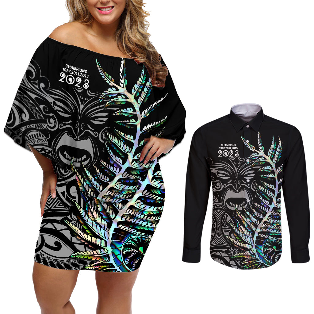 Custom New Zealand Rugby Couples Matching Off Shoulder Short Dress and Long Sleeve Button Shirt NZ Black Fern Champions History With Papua Shell LT9 Black - Polynesian Pride