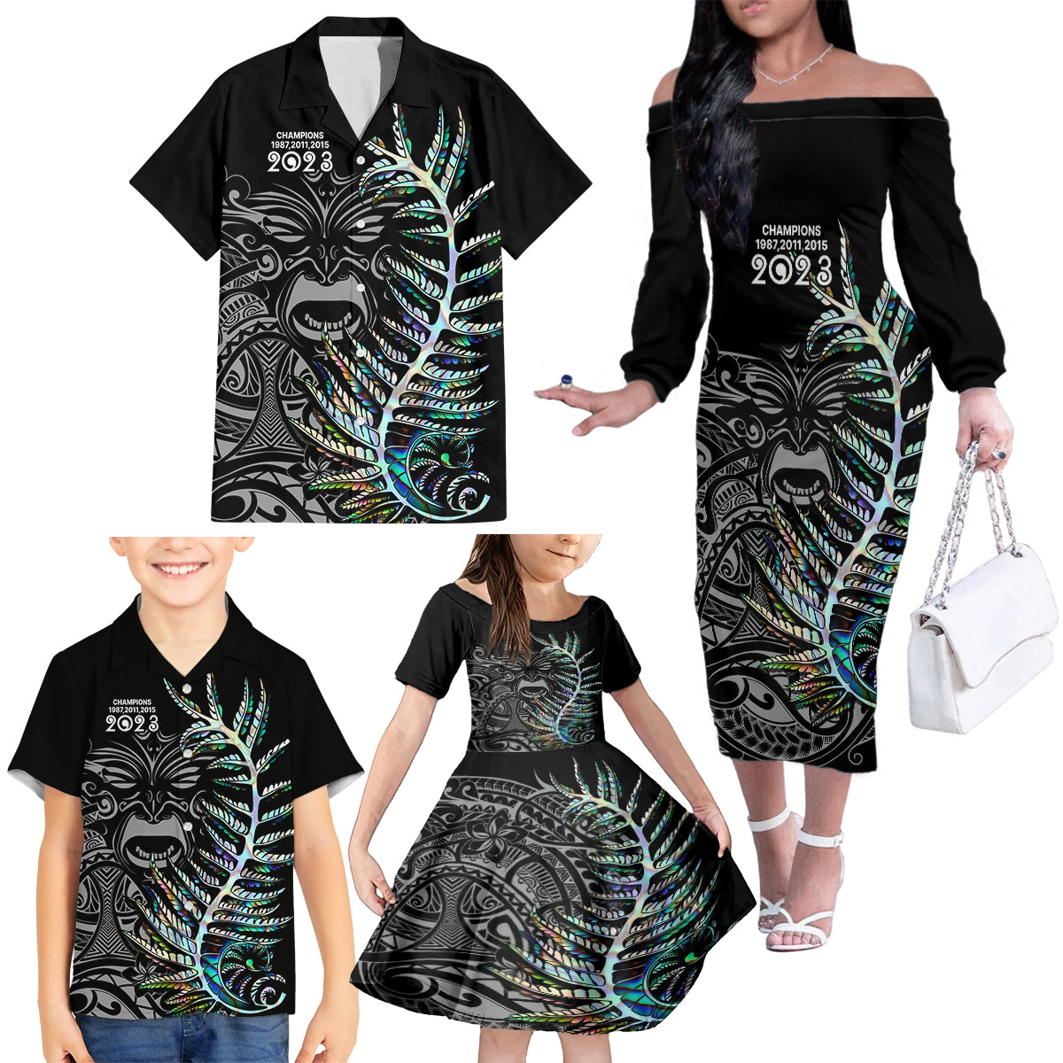 Custom New Zealand Rugby Family Matching Off Shoulder Long Sleeve Dress and Hawaiian Shirt NZ Black Fern Champions History With Papua Shell LT9 - Polynesian Pride