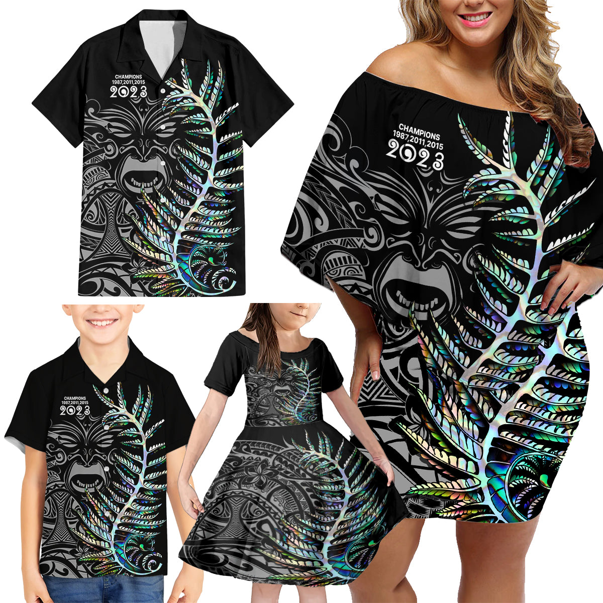 Custom New Zealand Rugby Family Matching Off Shoulder Short Dress and Hawaiian Shirt NZ Black Fern Champions History With Papua Shell LT9 - Polynesian Pride