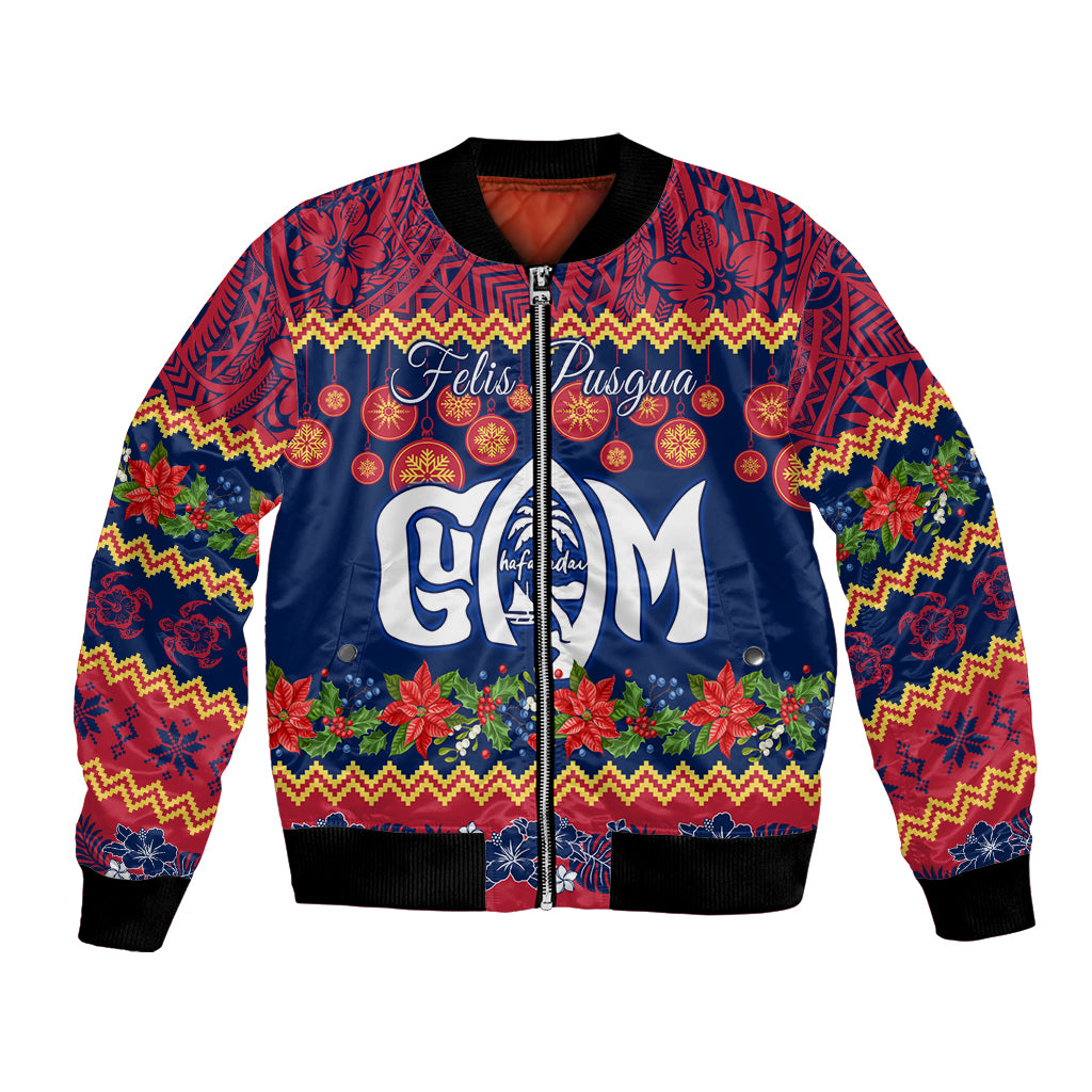 Personalised Guam Christmas Bomber Jacket Felis Pusgua Santa Beach Polynesian Pattern LT9 Unisex Blue - Polynesian Pride