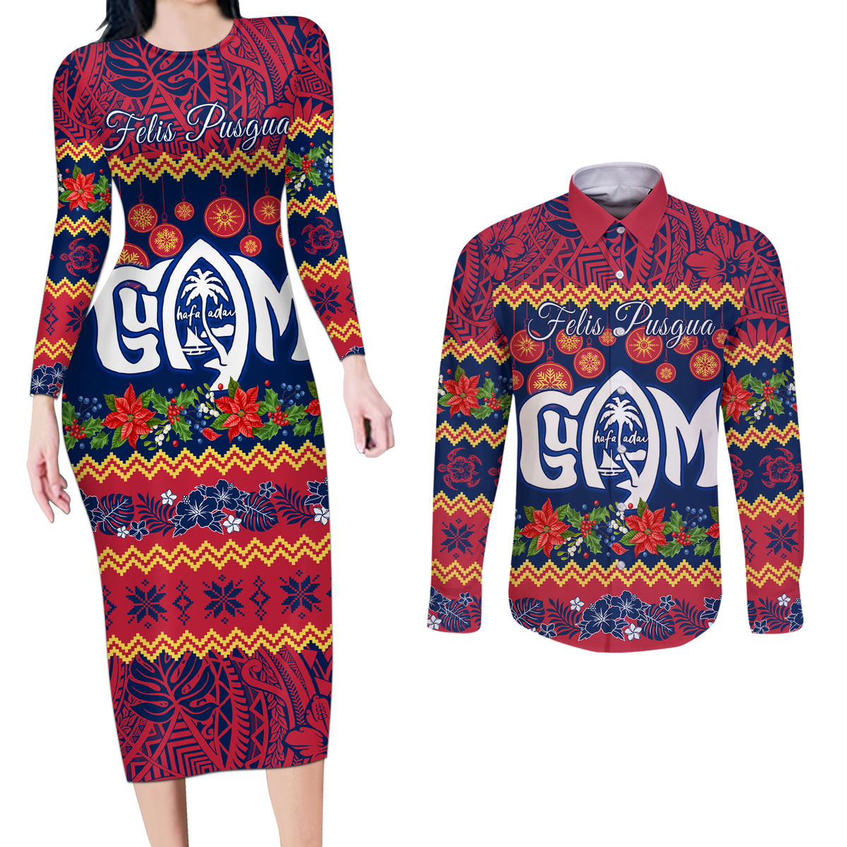 Personalised Guam Christmas Couples Matching Long Sleeve Bodycon Dress and Long Sleeve Button Shirt Felis Pusgua Santa Beach Polynesian Pattern LT9 Blue - Polynesian Pride
