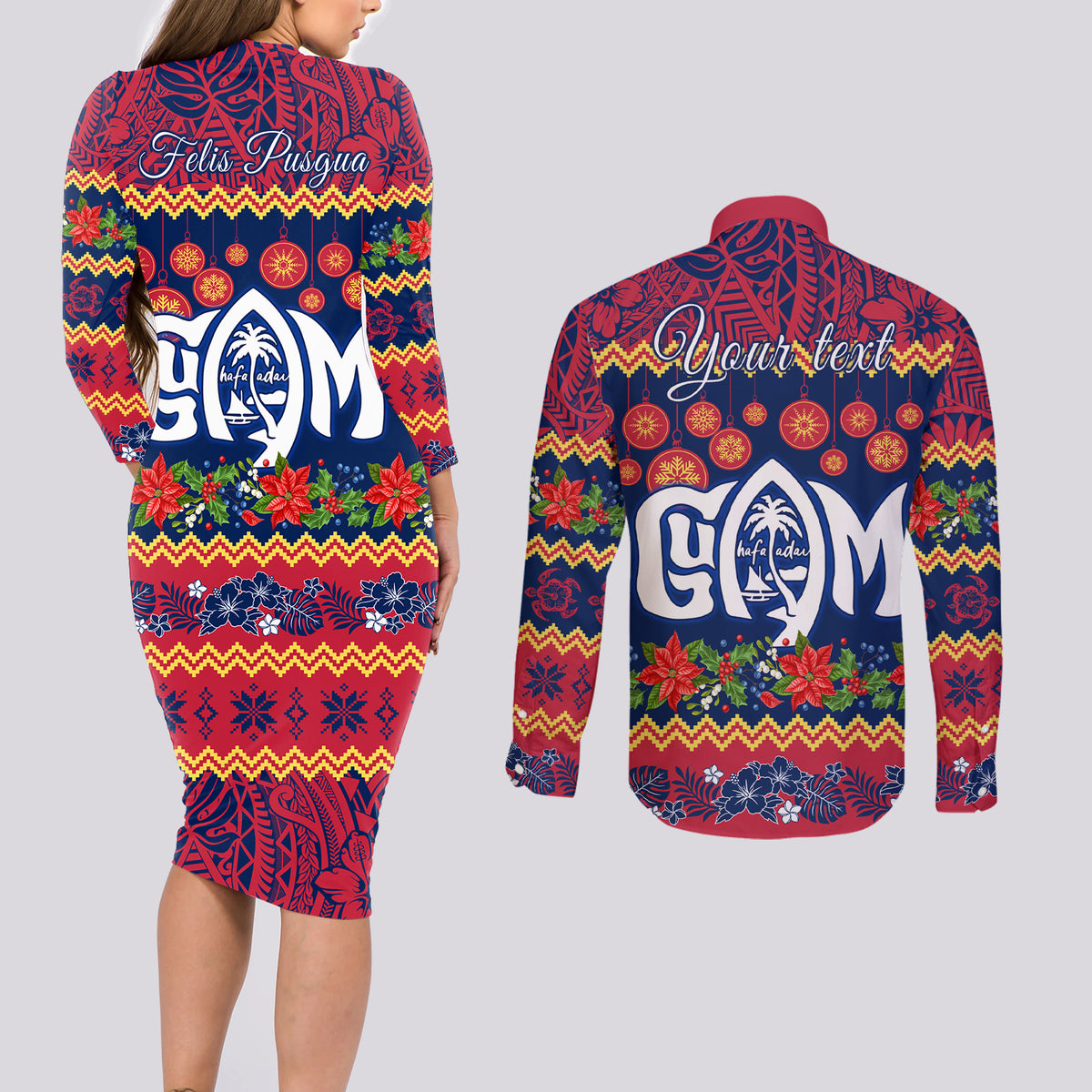 Personalised Guam Christmas Couples Matching Long Sleeve Bodycon Dress and Long Sleeve Button Shirt Felis Pusgua Santa Beach Polynesian Pattern LT9 - Polynesian Pride