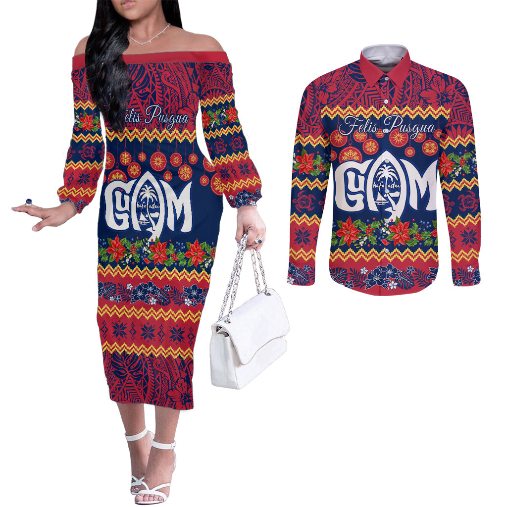 Personalised Guam Christmas Couples Matching Off The Shoulder Long Sleeve Dress and Long Sleeve Button Shirt Felis Pusgua Santa Beach Polynesian Pattern LT9 Blue - Polynesian Pride