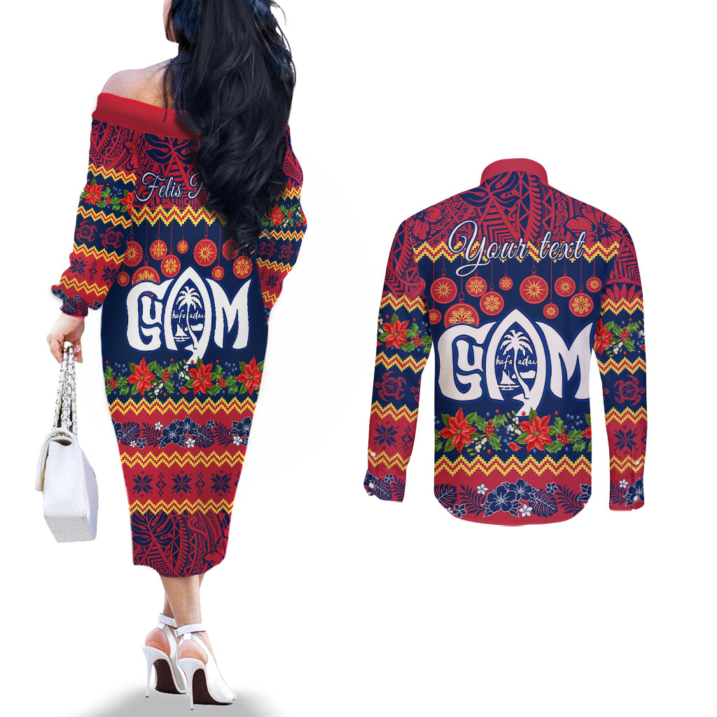 Personalised Guam Christmas Couples Matching Off The Shoulder Long Sleeve Dress and Long Sleeve Button Shirt Felis Pusgua Santa Beach Polynesian Pattern LT9 - Polynesian Pride