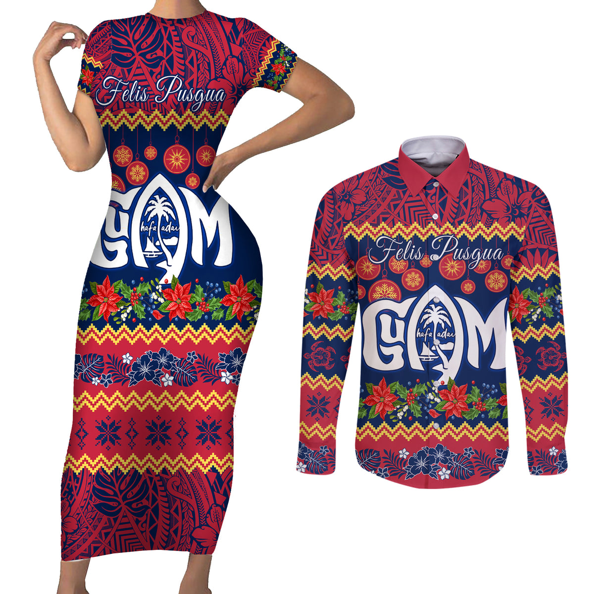 Personalised Guam Christmas Couples Matching Short Sleeve Bodycon Dress and Long Sleeve Button Shirt Felis Pusgua Santa Beach Polynesian Pattern LT9 Blue - Polynesian Pride