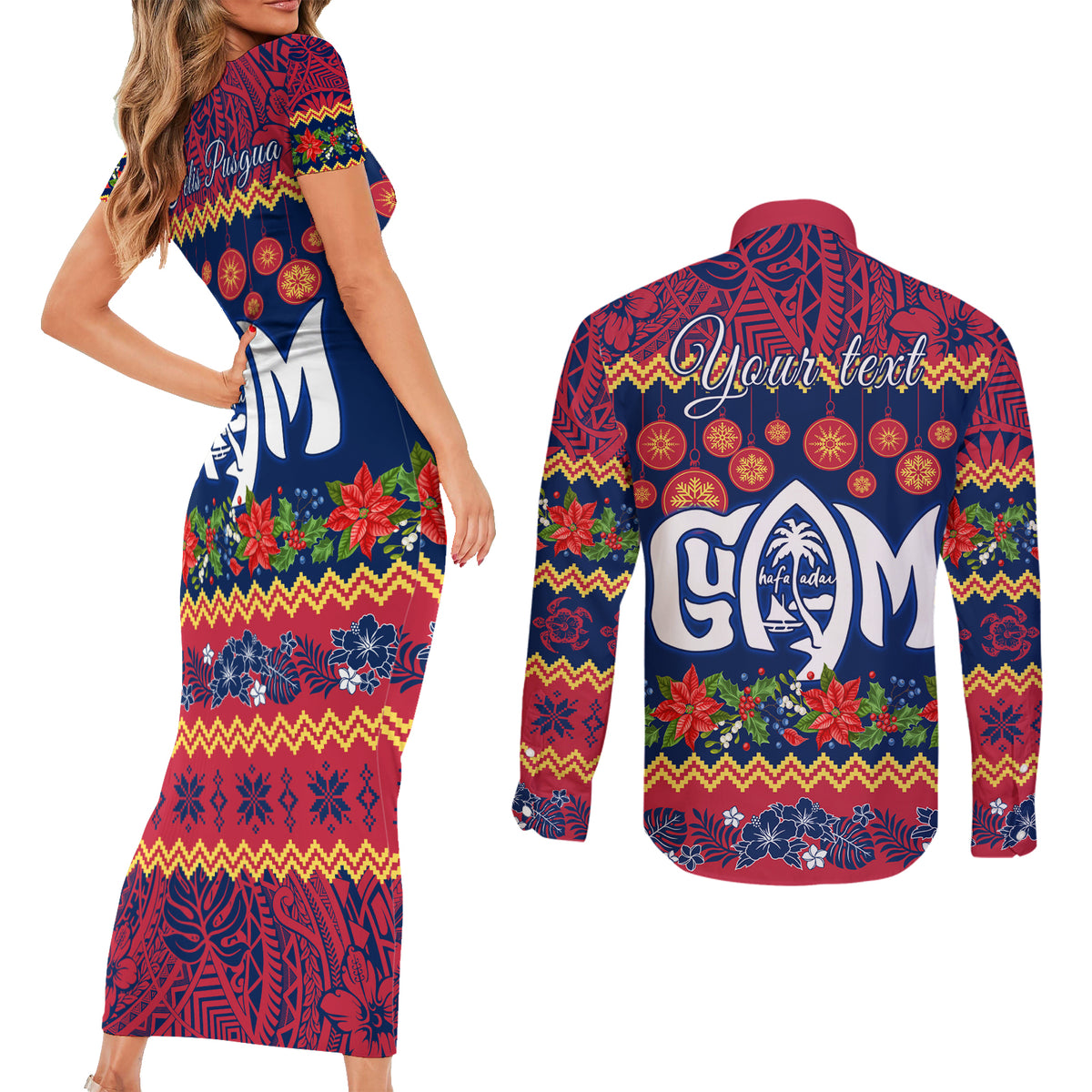Personalised Guam Christmas Couples Matching Short Sleeve Bodycon Dress and Long Sleeve Button Shirt Felis Pusgua Santa Beach Polynesian Pattern LT9 - Polynesian Pride