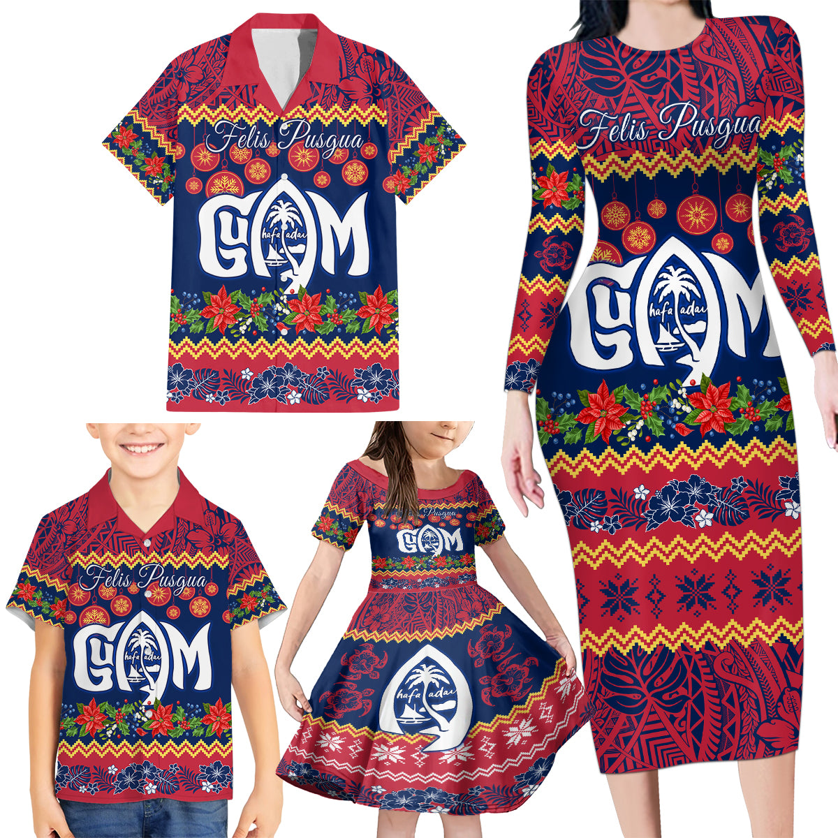 Personalised Guam Christmas Family Matching Long Sleeve Bodycon Dress and Hawaiian Shirt Felis Pusgua Santa Beach Polynesian Pattern LT9 - Polynesian Pride