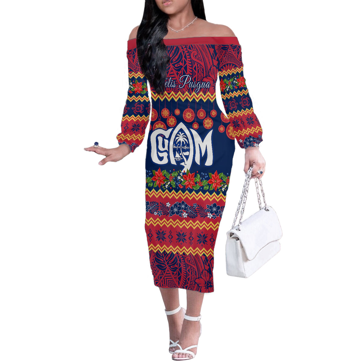 Personalised Guam Christmas Family Matching Off Shoulder Long Sleeve Dress and Hawaiian Shirt Felis Pusgua Santa Beach Polynesian Pattern LT9 Mom's Dress Blue - Polynesian Pride
