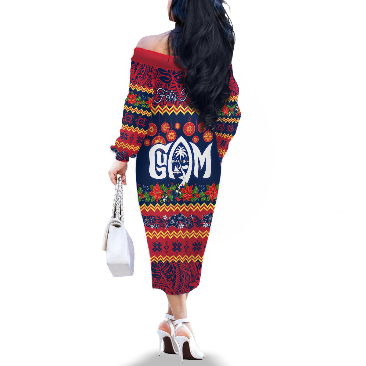 Personalised Guam Christmas Family Matching Off Shoulder Long Sleeve Dress and Hawaiian Shirt Felis Pusgua Santa Beach Polynesian Pattern LT9 - Polynesian Pride