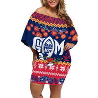 Personalised Guam Christmas Family Matching Off Shoulder Short Dress and Hawaiian Shirt Felis Pusgua Santa Beach Polynesian Pattern LT9 Mom's Dress Blue - Polynesian Pride