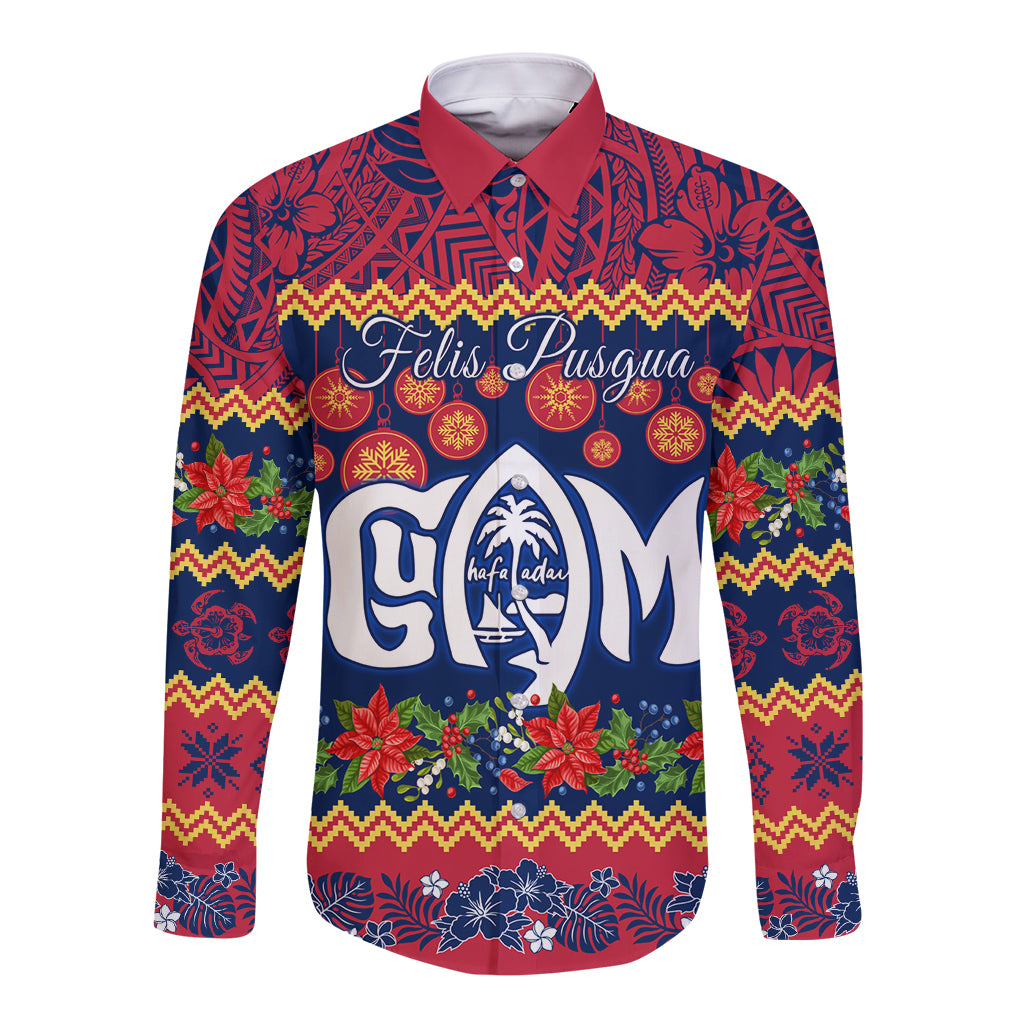 Personalised Guam Christmas Long Sleeve Button Shirt Felis Pusgua Santa Beach Polynesian Pattern LT9 Unisex Blue - Polynesian Pride