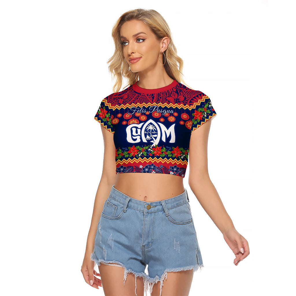 Personalised Guam Christmas Raglan Cropped T Shirt Felis Pusgua Santa Beach Polynesian Pattern LT9 Female Blue - Polynesian Pride