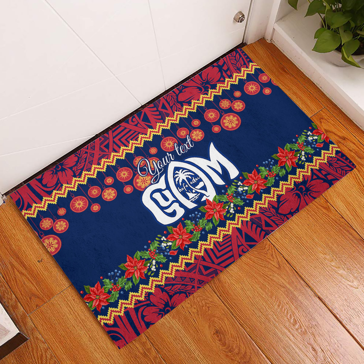 Personalised Guam Christmas Rubber Doormat Felis Pusgua Santa Beach Polynesian Pattern LT9 Blue - Polynesian Pride