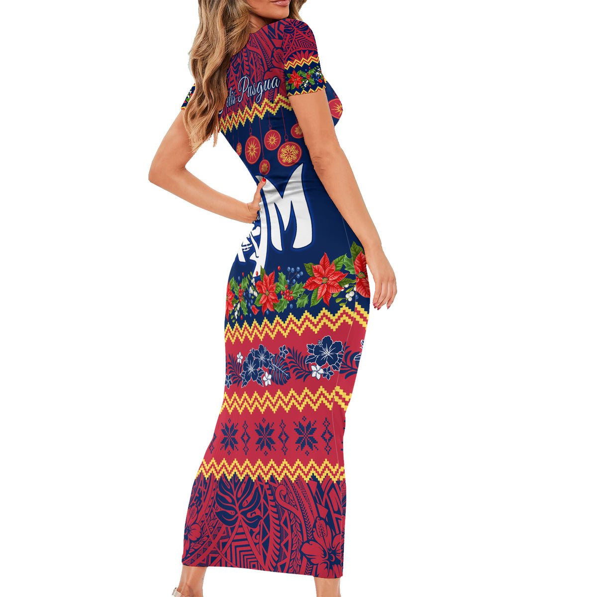 Personalised Guam Christmas Short Sleeve Bodycon Dress Felis Pusgua Santa Beach Polynesian Pattern LT9 - Polynesian Pride