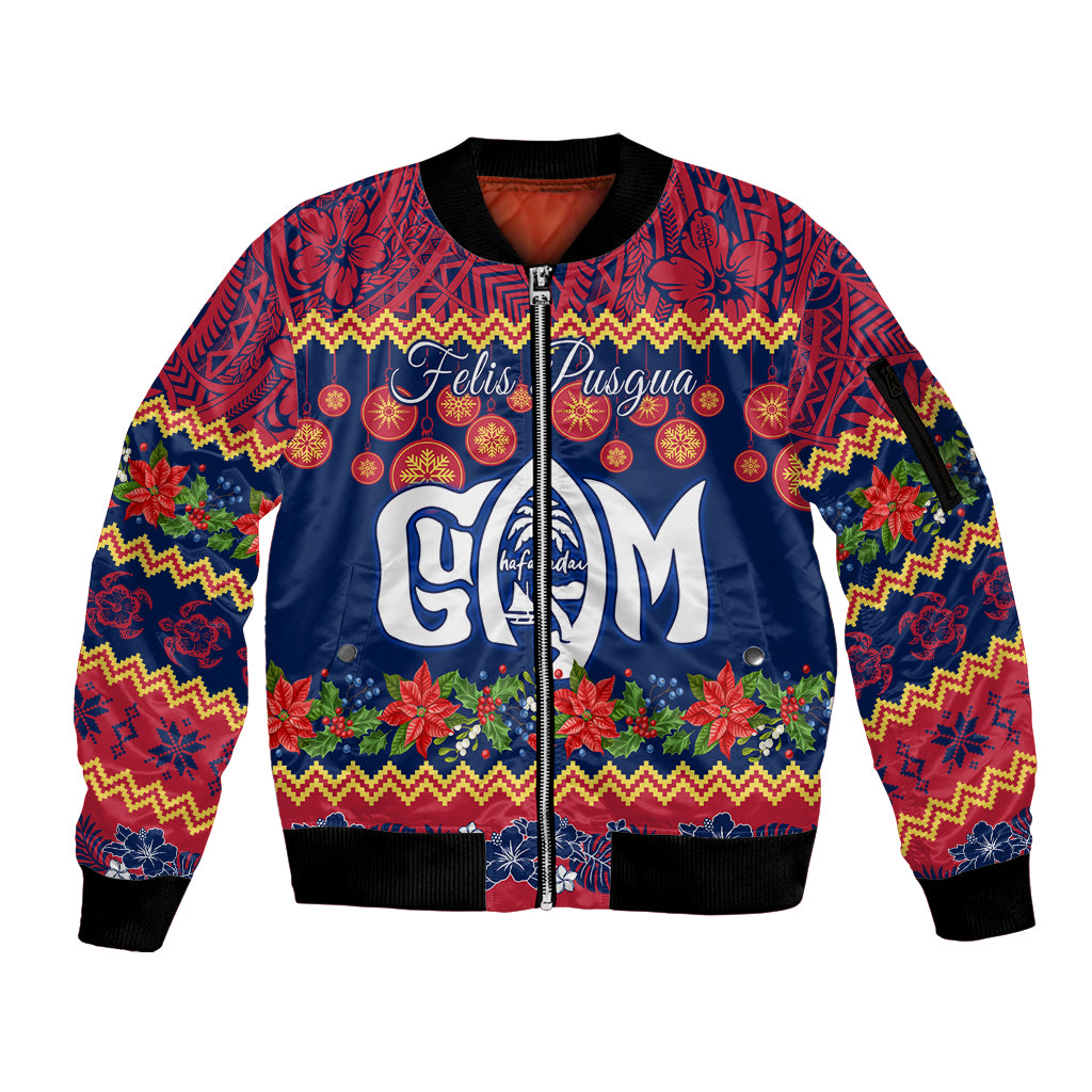 Personalised Guam Christmas Sleeve Zip Bomber Jacket Felis Pusgua Santa Beach Polynesian Pattern LT9 Unisex Blue - Polynesian Pride