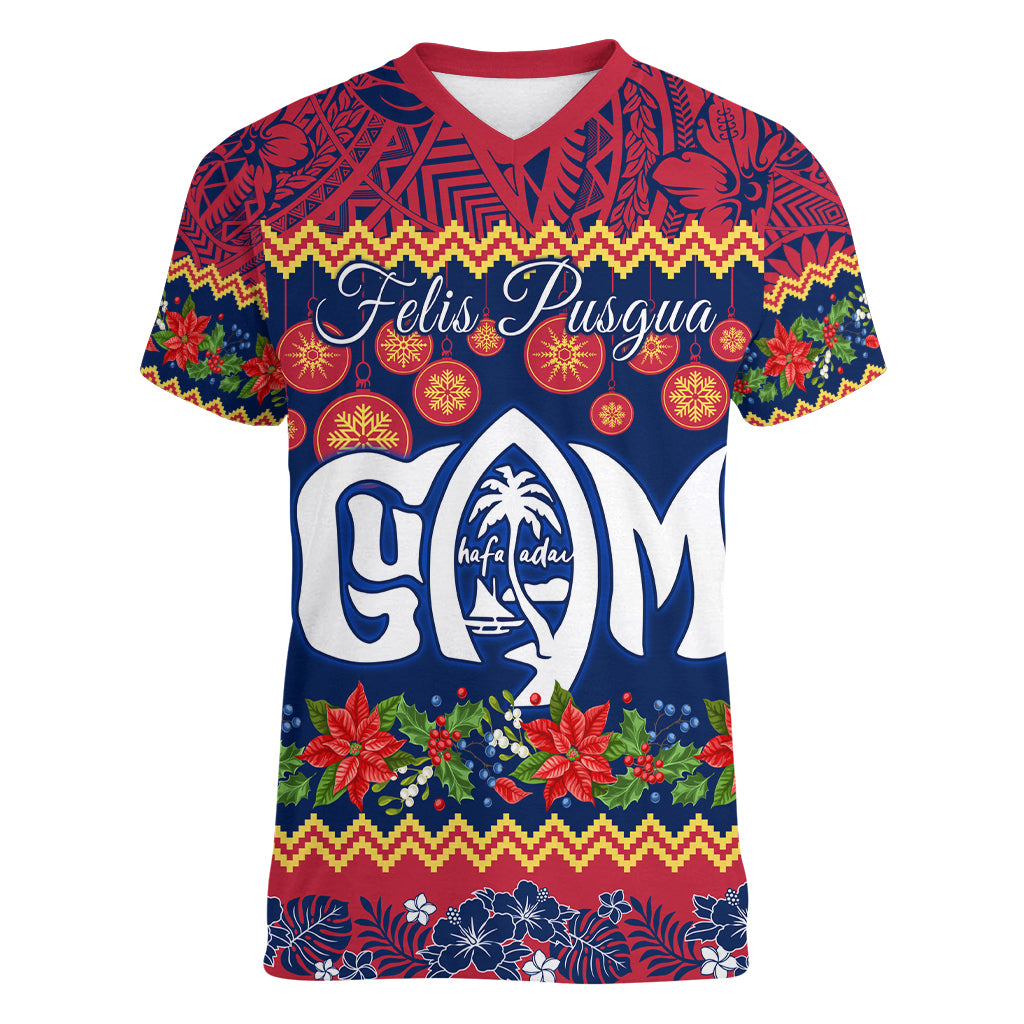 Personalised Guam Christmas Women V Neck T Shirt Felis Pusgua Santa Beach Polynesian Pattern LT9 Female Blue - Polynesian Pride