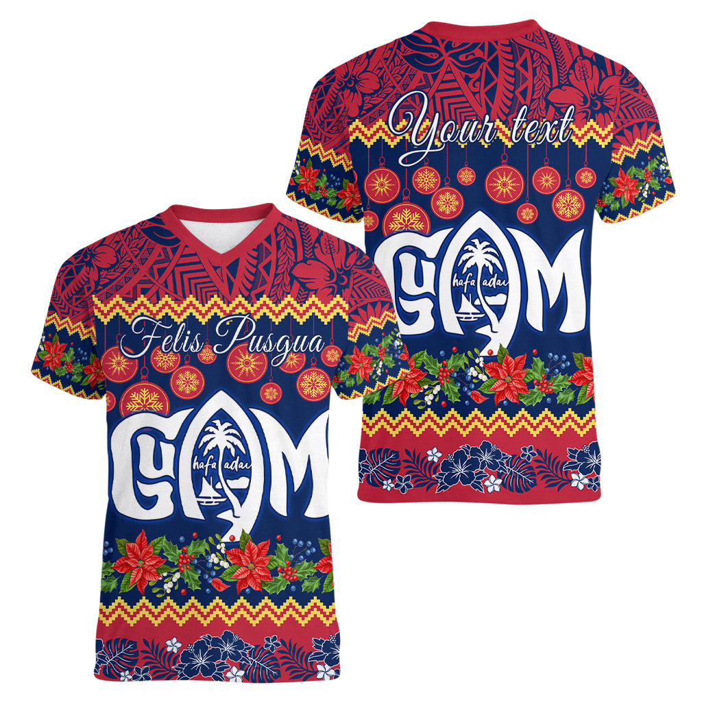 Personalised Guam Christmas Women V Neck T Shirt Felis Pusgua Santa Beach Polynesian Pattern LT9 - Polynesian Pride