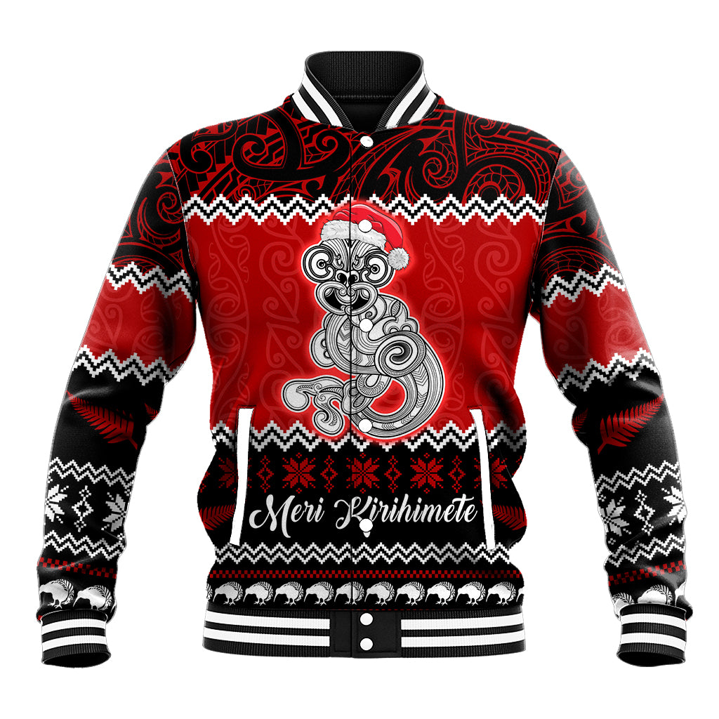 Personalised New Zealand Christmas Baseball Jacket Maori Tiki Meri Kirihimete LT9 Unisex Red - Polynesian Pride