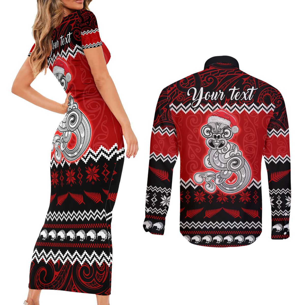 Personalised New Zealand Christmas Couples Matching Short Sleeve Bodycon Dress and Long Sleeve Button Shirt Maori Tiki Meri Kirihimete LT9 - Polynesian Pride
