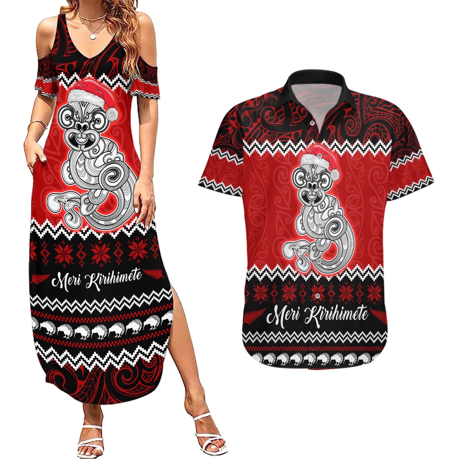 Personalised New Zealand Christmas Couples Matching Summer Maxi Dress and Hawaiian Shirt Maori Tiki Meri Kirihimete LT9 Red - Polynesian Pride