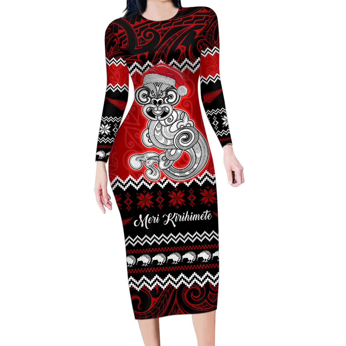 Personalised New Zealand Christmas Family Matching Long Sleeve Bodycon Dress and Hawaiian Shirt Maori Tiki Meri Kirihimete LT9 Mom's Dress Red - Polynesian Pride