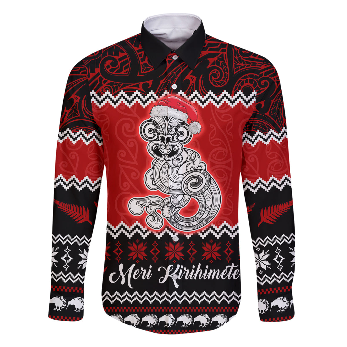 Personalised New Zealand Christmas Family Matching Off Shoulder Maxi Dress and Hawaiian Shirt Maori Tiki Meri Kirihimete LT9 Dad's Shirt - Long Sleeve Red - Polynesian Pride