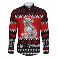 Personalised New Zealand Christmas Family Matching Off Shoulder Short Dress and Hawaiian Shirt Maori Tiki Meri Kirihimete LT9 Dad's Shirt - Long Sleeve Red - Polynesian Pride