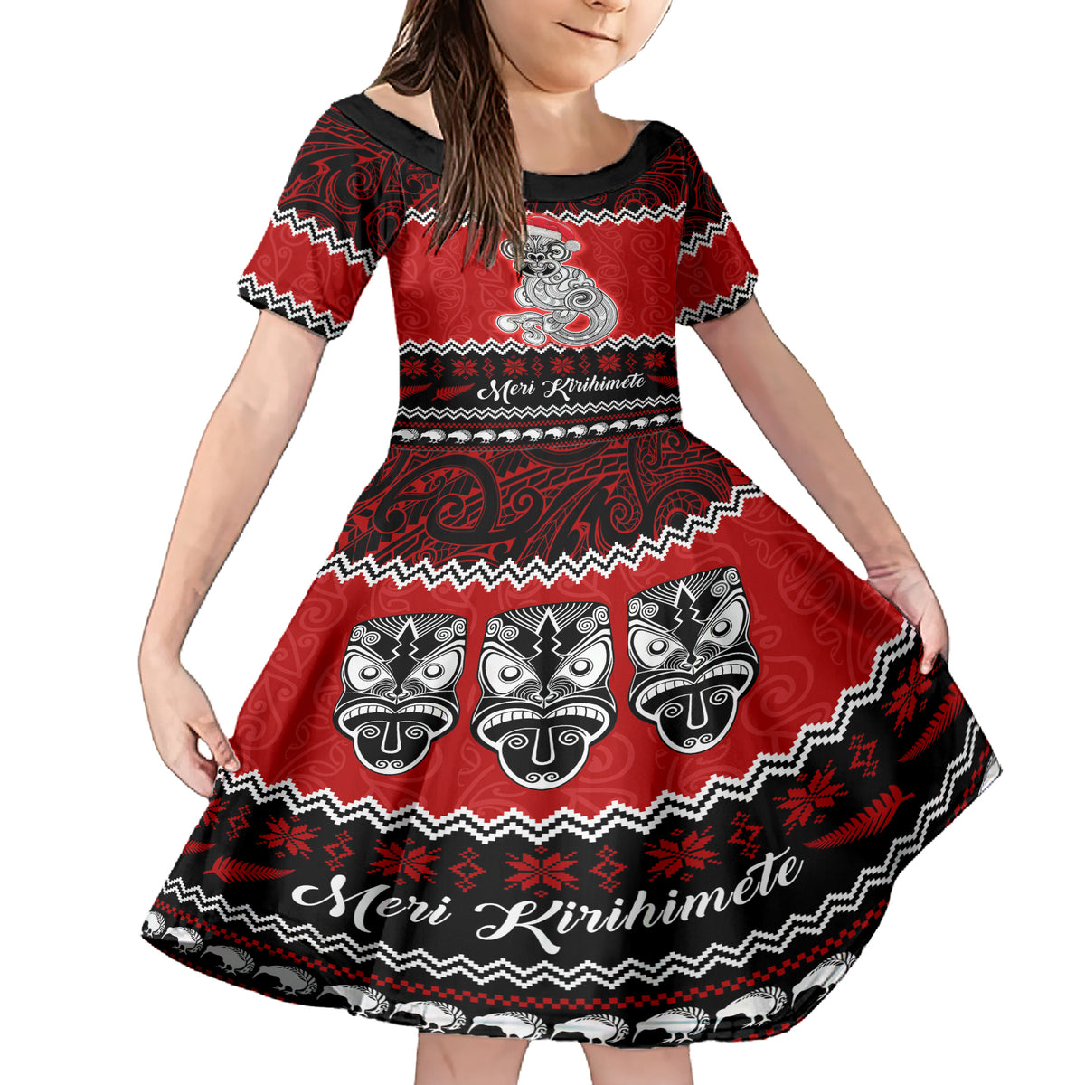 Personalised New Zealand Christmas Family Matching Short Sleeve Bodycon Dress and Hawaiian Shirt Maori Tiki Meri Kirihimete LT9 Daughter's Dress Red - Polynesian Pride