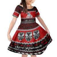 Personalised New Zealand Christmas Family Matching Short Sleeve Bodycon Dress and Hawaiian Shirt Maori Tiki Meri Kirihimete LT9 Daughter's Dress Red - Polynesian Pride