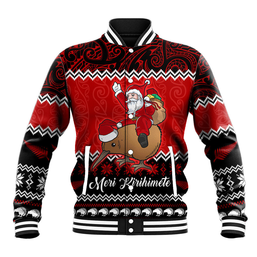 Personalised New Zealand Christmas Baseball Jacket Kiwi Santa Claus Maori Meri Kirihimete LT9 Unisex Red - Polynesian Pride