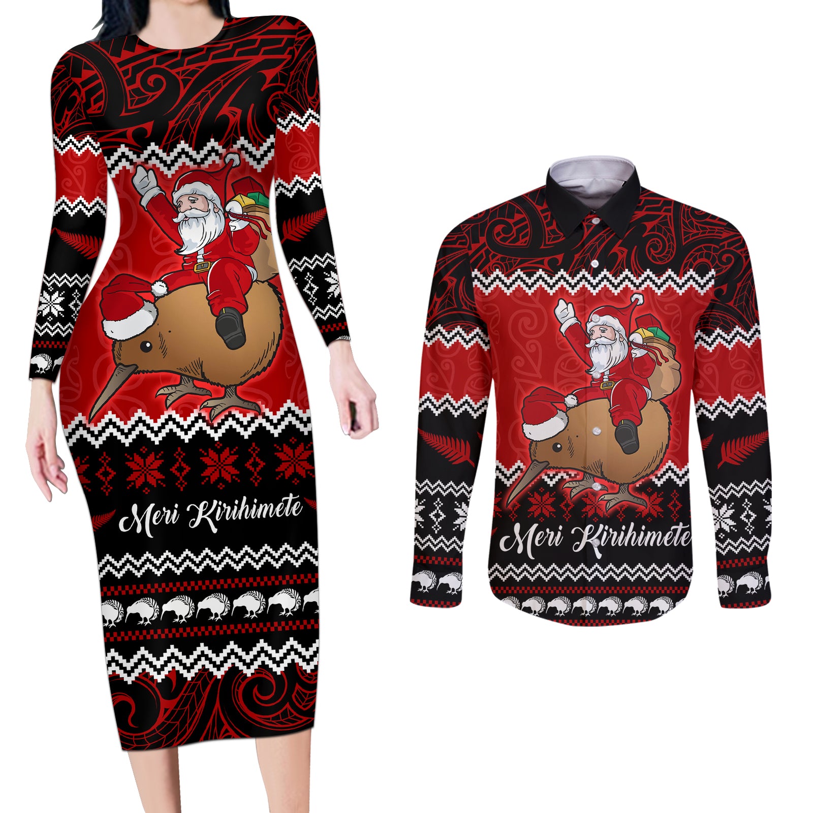 Personalised New Zealand Christmas Couples Matching Long Sleeve Bodycon Dress and Long Sleeve Button Shirt Kiwi Santa Claus Maori Meri Kirihimete LT9 Red - Polynesian Pride