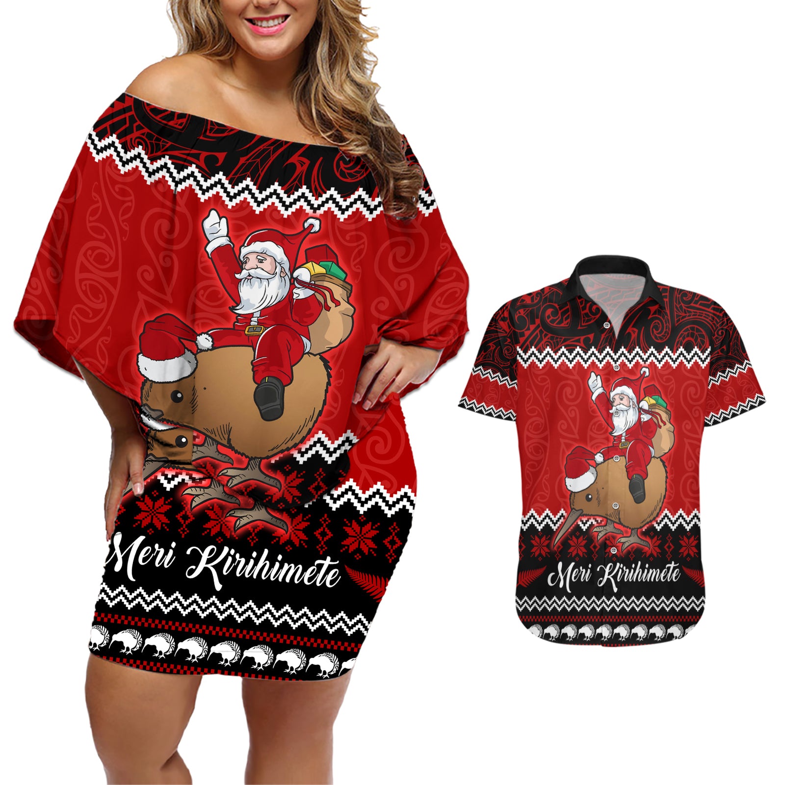 Personalised New Zealand Christmas Couples Matching Off Shoulder Short Dress and Hawaiian Shirt Kiwi Santa Claus Maori Meri Kirihimete LT9 Red - Polynesian Pride