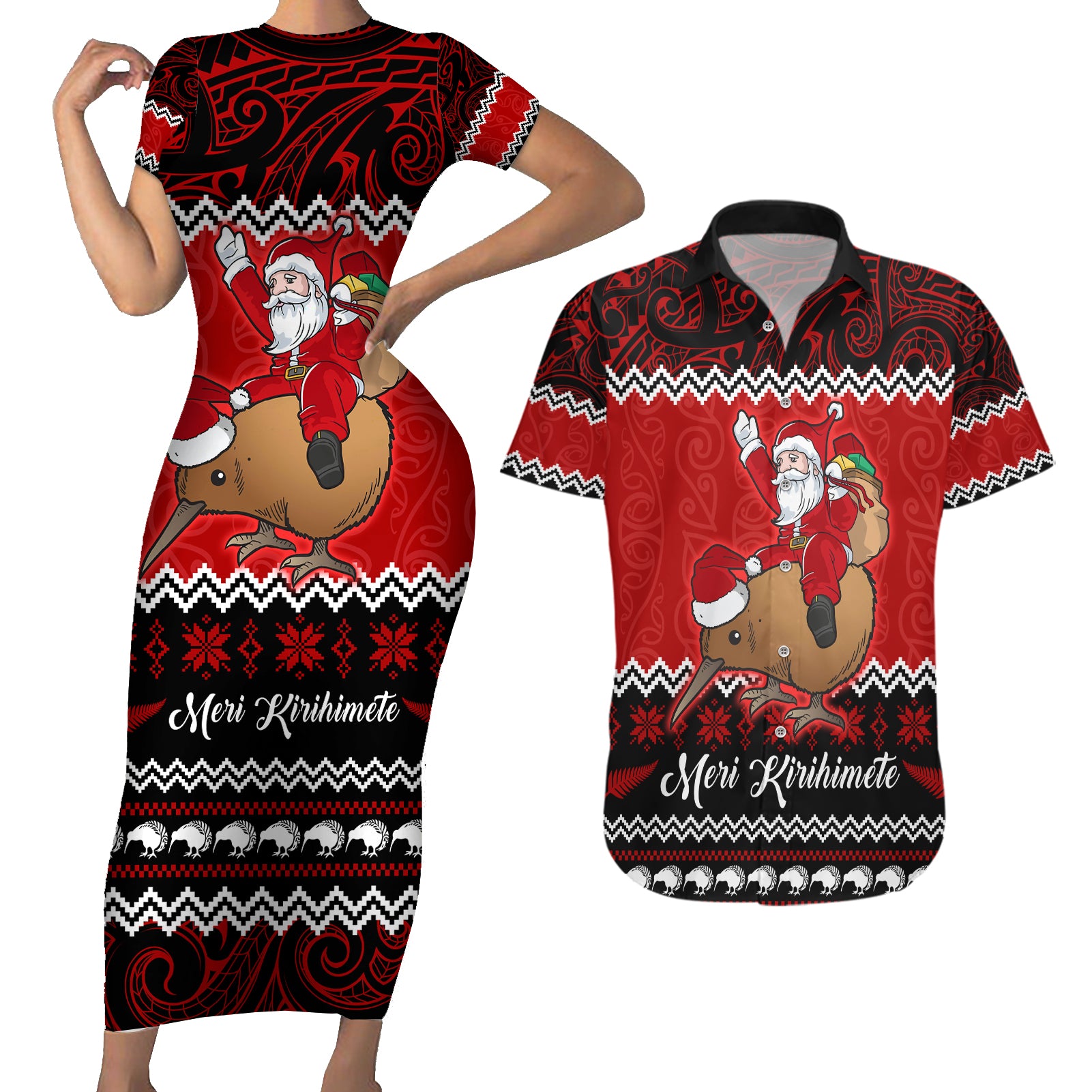 Personalised New Zealand Christmas Couples Matching Short Sleeve Bodycon Dress and Hawaiian Shirt Kiwi Santa Claus Maori Meri Kirihimete LT9 Red - Polynesian Pride