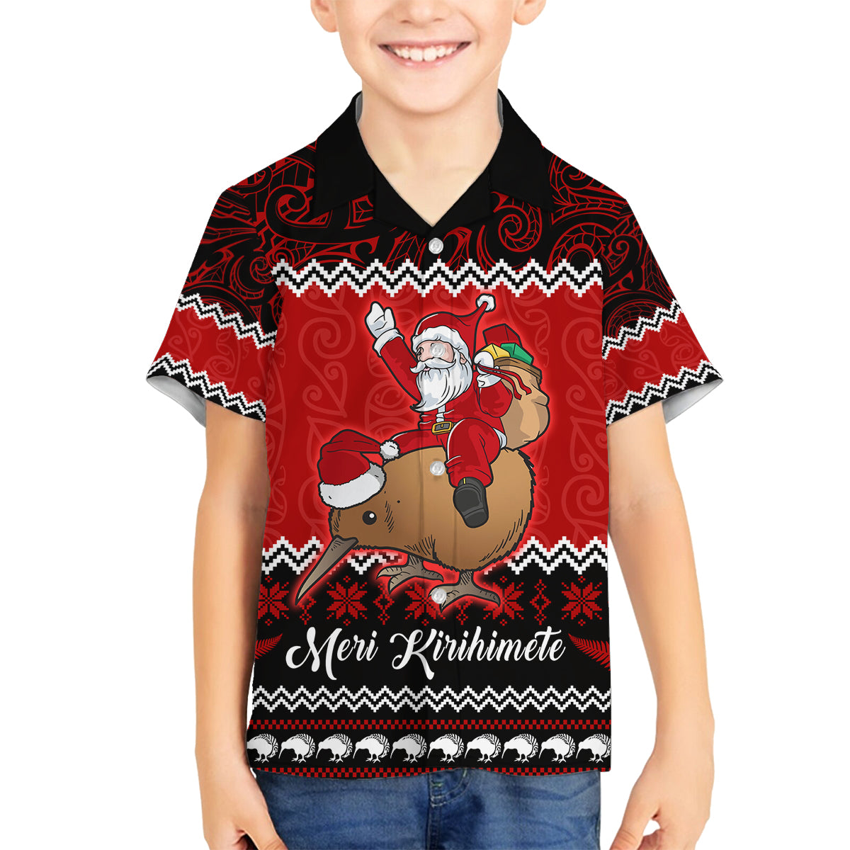 Personalised New Zealand Christmas Family Matching Puletasi Dress and Hawaiian Shirt Kiwi Santa Claus Maori Meri Kirihimete LT9 Son's Shirt Red - Polynesian Pride