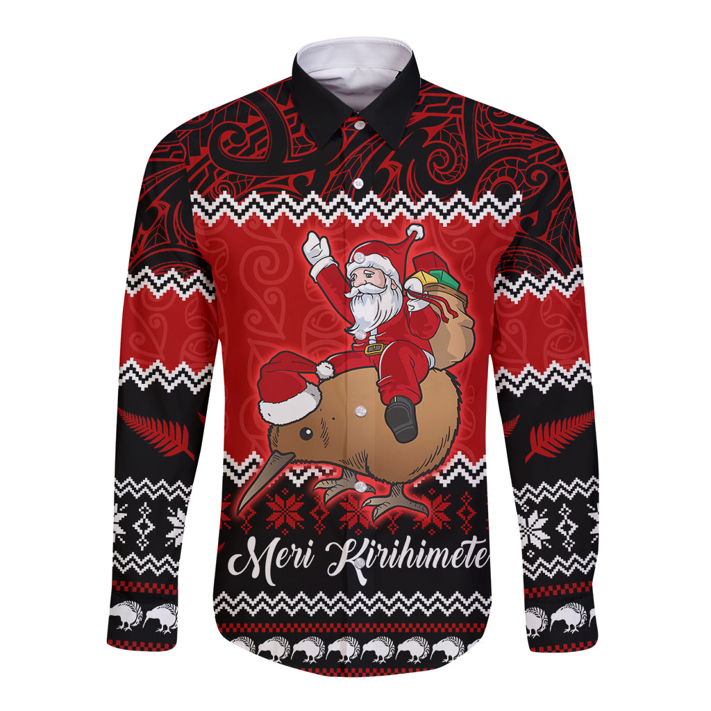 Personalised New Zealand Christmas Long Sleeve Button Shirt Kiwi Santa Claus Maori Meri Kirihimete LT9 Unisex Red - Polynesian Pride