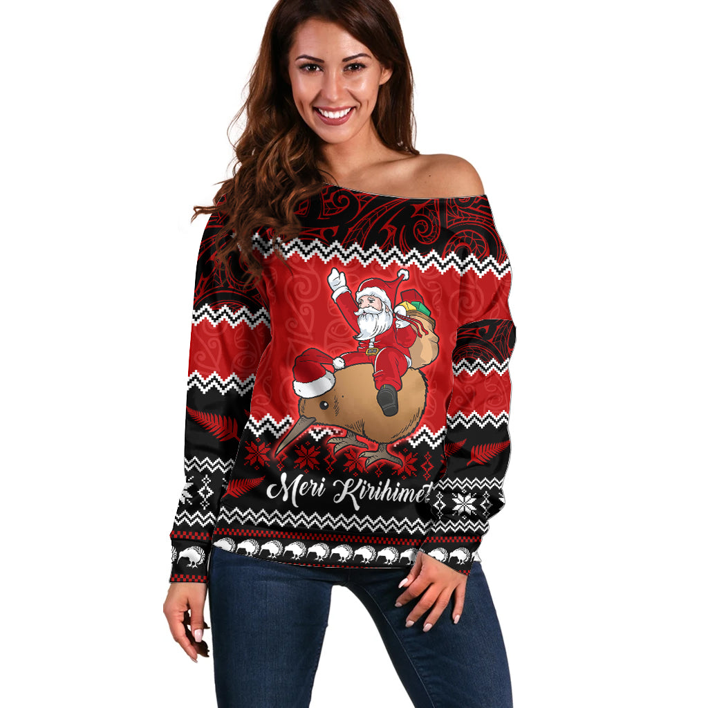 Personalised New Zealand Christmas Off Shoulder Sweater Kiwi Santa Claus Maori Meri Kirihimete LT9 Women Red - Polynesian Pride